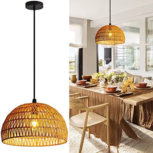 H.W.S Pendelleuchte Vintage Pendellampe Industrial Natur Bambus Rattan Gewebte Lampenschirm Hängelampe Esstisch HäNgeleuchte FüR Wohnzimmer Cafe Flur Esszimmer Mit E27 Fassung Ø 40 cm