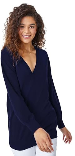 Roman Originals V-Neck Jumper for Women UK Ladies Boyfriend Fit Slouch Sweater Winter Autumn Textured Casual Flattering Knit Pullover Knitwear Daywear Lightweight Lounge - Navy - Size 14