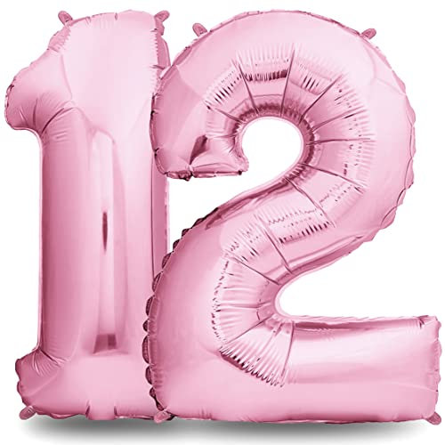 envami® Geburtstagsdeko Mädchen 12 Jahre XXL - 12 Geburtstag Deko Rosa 101CM - Deko 12 - Luftballon 12. - Geburtstag Zahlen - Folienballon 12 Helium