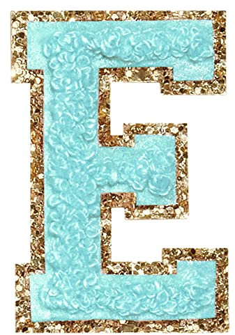 3Pcs Chenille Letter Patches Iron on Patches Glitter Varsity Letter Patches Embroidered Patch Gold Border Sew On Patches for Clothing Hat Shirt Bag (Blue, E)