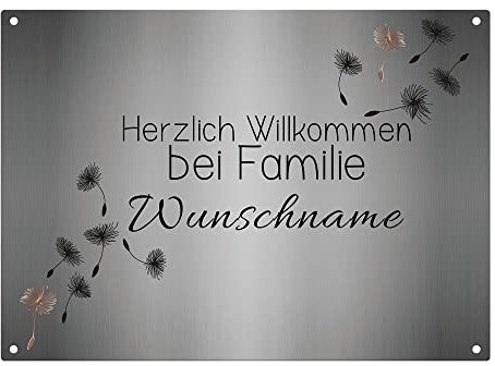 PR Print Royal Wetterfestes Türschild Familie mit Namen - Willkommen bei Familie Ihr Name - Familienschild personalisiert Haustür Schilder Familie mit Name | Metallschild Pusteblume, 28x20 cm