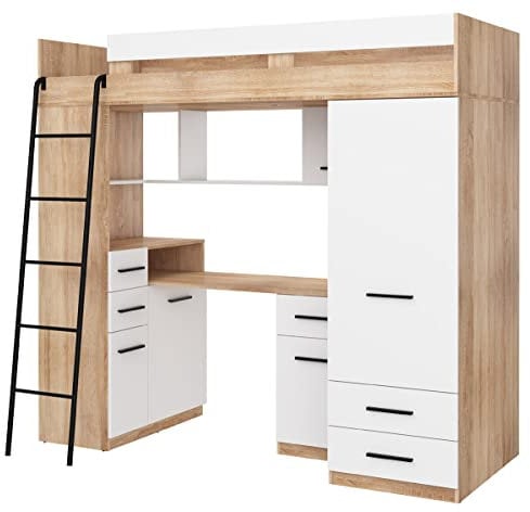 BIM Furniture Hochbett Etagenbett Entresole SMYK L Bett 200x80 cm mit Treppen Kinderbett Kleiderschrank Regal Schreibtisch Kinder Möbel Set Linke Seite (Sonoma Eiche/Weiß)