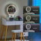 LEMROE Tocador con iluminación LED, tocador con placa de cristal templado, mesa cosmética con 5 cajones y taburete acolchado para habitación de niñas