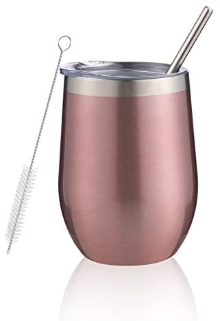 12 oz Insulated Wine Tumbler with Lid and Straw,Stainless Steel Stemless Wine Tumbler Glasses Double Wall Vacuum Wine Cups Tumbler Bulk for Coffee,Champaign,Beer,Cocktail,Office (Rose Gold,1)