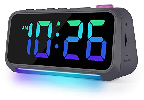 Wecker Kinder Erwachsene, Wecker Digital mit 7 Farben Nachtlicht, Dynamische RGB Wecker, 6 Wecker mit Licht/LED-Display mit Mehreren Schriftarten/dimmbar/5 Lautstärken/USB-Ladeanschlüsse Dunkelgrau