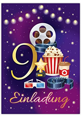 12 Einladungskarten zum 9. Kindergeburtstag Kino neunte Geburtstag Mädchen Jungen Cinema Kino-Party