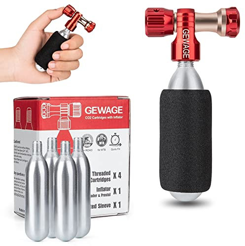 GEWAGE Bomba de CO2-Bomba de Bicicleta de CO2 Incl. Paquete de 4 cápsulas de CO2 de 16g Rosca y válvula Presta & Schrader Compatible para Bicicletas de MTB y Carretera. (Rojo)
