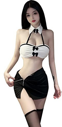 QNCLO Damen Cosplay Sekretärin OL Uniform Sexy Unterwäsche Sexy Dessous Versuchung Nachtclub Performance Kleidung (Schwarz und Weiß3), Einheitsgröße