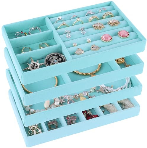 LWAIX Schmuckaufbewahrung Schublade Schmucktabletts Schmuck Organize Schmuck Organizers Schubladen für Schmuck Schubladeneinsatz Aufbewahrung Ordnungssystem Ohrringe Armband Ringe 4PCS (Blau)
