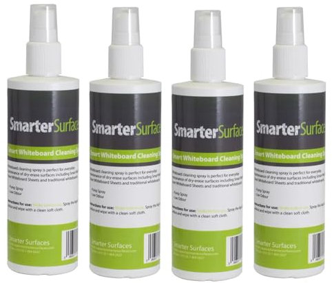 SmarterSurfaces Whiteboard Cleaning Spray 125ml | Everyday Maintenance | Low odour White Board Cleaning Fluid | 4 Pack | Dry Erase Cleaner