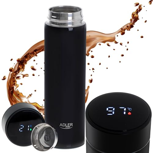 ADLER EUROPE AD4506BK Thermobecher, Kaffee- und Teeflasche Inhalt 473ml, heiß bis 8 Stunden, kalt bis 12 Stunden, Temperaturanzeige, Kaffeeseparator, Edelstahl