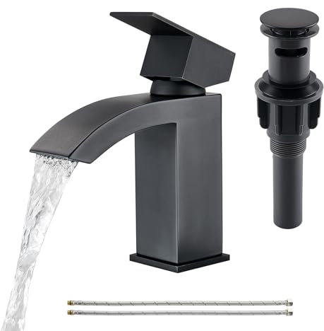 ubeegol Robinet cascade de salle de bain noir, mitigeur cascade avec bonde/tuyau d'alimentation, mitigeur monocommande pour salle de bain, mitigeur chaud/froid, acier inoxydable