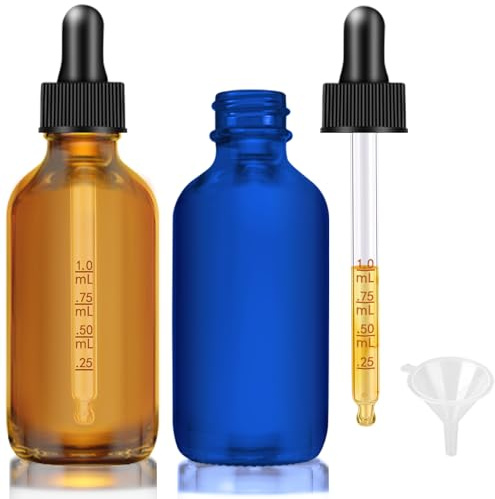 Bumobum Glass Dropper Bottles, 2 oz Amber and Blue for Essential Oils With Funnel, Labels & Pipette - 2 Pack Eye Tincture Dispensing Bottle With Measured Dropper
