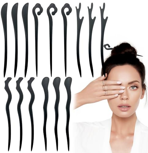 Lot de 15 baguettes à cheveux chinoises en bois noir vintage pour chignons - Style classique élégant - Accessoires pour filles et femmes - Pour cheveux longs (5 styles)
