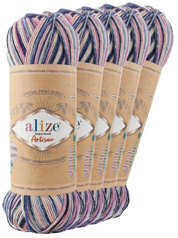 5 x 100g Sockenwolle Alize Superwash Artisan 75% Wolle Strickwolle Häkelgarn Farbwahl, Farbe:9004 Late Night