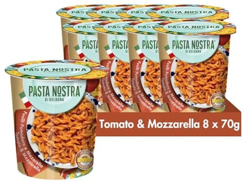 Pasta Nostra | Instant Pasta Pots, Fusilli Pasta with a Tomato and Mozzarella Sauce, Pack of 8 x 70g, Made in Italy, Ready in 5 minutes