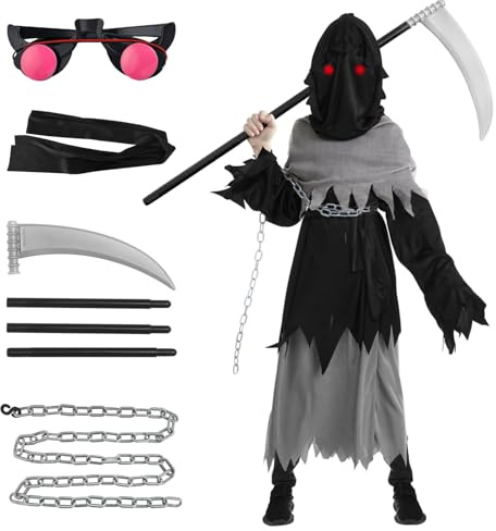 Costume de Faucheuse pour Enfants: Costumes de Halloween Garçons Robe de Faucheuse de Carnaval Ensemble de Mort avec Gants de Faucilles Chaîne Lunettes Lumineuses (S (5-7 ans))