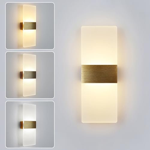 CRFASIBE LED Wandleuchte Innen Dreifarbige, 6W Rechteckige Acryl LED Wandleuchte, Moderne Innen Wandleuchten für Wohnzimmer Schlafzimmer Treppenhaus Küche Korridor (Gold)