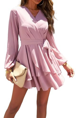 Jiraewh Damen Chiffon Kurz Kleid V-Ausschnitt Langarm Sommerkleid Tunika Kleider Einfarbig Elegant Rüschen Minikleid Casual Swing Skater Partykleid Wickelkleid Hohe Taille mit Gürtel(6019- PK M)