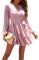 Jiraewh Damen Chiffon Kurz Kleid V-Ausschnitt Langarm Sommerkleid Tunika Kleider Einfarbig Elegant Rüschen Minikleid Casual Swing Skater Partykleid Wickelkleid Hohe Taille mit Gürtel(6019- PK M)