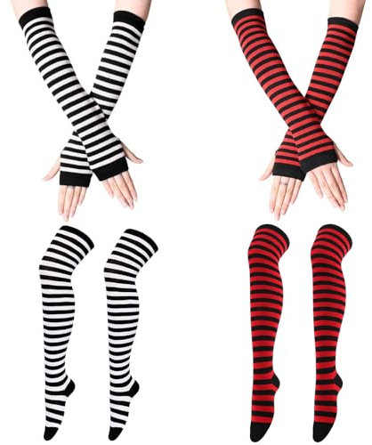 ZOCONE 4 Pairs Striped Thigh High Socks Arm Warmers Set, Over the Knee Thigh High Long Socks with Fingerless Gloves for Women Girls, Striped Knee High Socks Arm and Leg Warmers Set UK 4-6(Black)