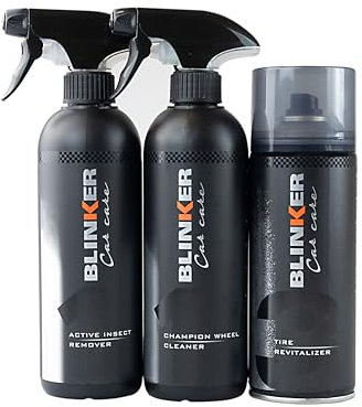 Blinker - Kit Esenciales Exterior Car Care - 3Pcs - Cuidado Integral para Superficies Externas - Limpieza de Llantas - Incluye Tire Revitalizer, Active Insect Remover y Champion Wheel Cleaner