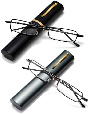 Viseng 2Pack Pack Mini Metall Lesebrille Schmale Ultraleichte Anti Blaulicht Lesebrille mit MetallEtui Stiftetui für Damen Herren 1.0