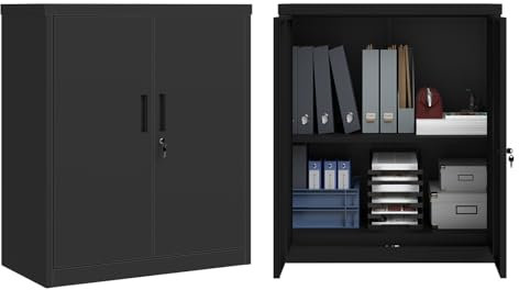 STEELSØN Regulus Aktenschrank abschließbar, Mehrzweckschrank Metall mit 2 Ebenen, Werkzeugschrank mit Doppeltüren inkl. Schloss und Verstellbarer Ablage,Aufbewahrungsschrank schwarz
