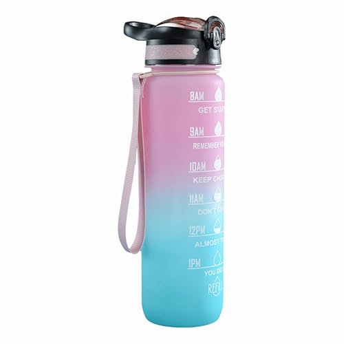 IOLOYU trinkflasche 1l mit strohhalm sport wasserflasche auslaufsicher water bottle mit zeitmarkierung und wassermengenskala 1 liter groß aesthetic flasche bpa frei bottle für sport(Rosa+Hell blau)