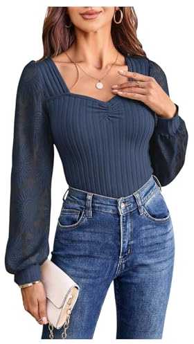 GORGLITTER Women's Floral Lace T Shirts Ribbed Long Sleeve Tops | Elegant, Ruched Sweetheart Neck, Slim Fit, Long Lantern Sleeve, Going Out Top for Autumn, Party, Christmas