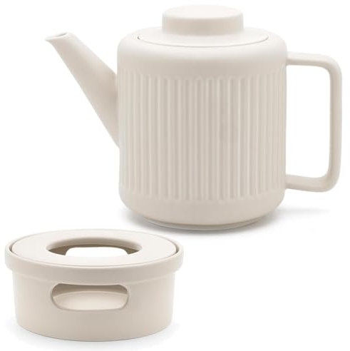 Bredemeijer Teekanne Set 1.2 Liter weißes Porzellan mit Edelstahl Tee-Filter Sieb-Einsatz für losen Tee & Ø 14 cm Stövchen für 1 Teelicht - ideal für duftende & blumige Teesorten