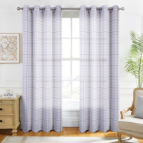 always4u Rideaux à Carreaux en Faux Lin, Rideaux Semi-Transparent à Oeillets, Filtrage de la Lumière, pour Salons et Chambres à Coucher, Blanc 140x175cm Lot de 2