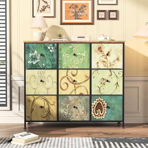 FOERPL Kommode für Schlafzimmer, Erwachsene, Kommode mit 9 Schubladen, Aufbewahrungsmöbel, Schminktisch, Bohème, Schublade, Möbel für Wohnzimmer, Flur, 9 Schubladen