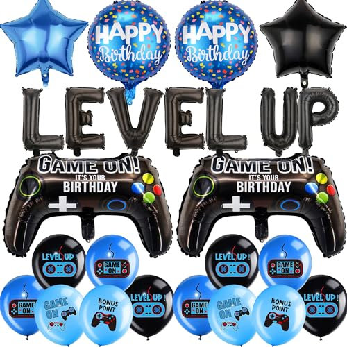 Videospiel Geburtstag Deko Party Luftballon - 25 Stück Schwarz LEVEL UP Brief Folienballon Banner Gamepad Fünfzackiger SternFolienballon Für Kinder Geburtstag Spielthemen Gamer Deko Party Dekoration