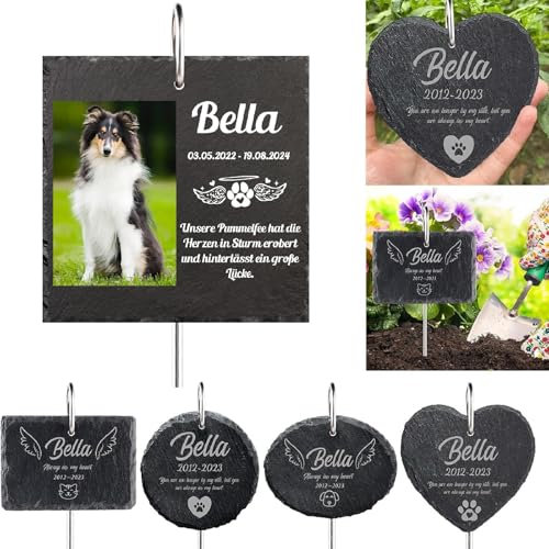 MJARTORIA Personalisiert Tiergrabstein Grabstein Hund Katze Grabplatte Grabstecker mit Gravur, Individuelles Grabschmuck Wetterfest Herz Grab Gedenkstein mit Namen Datum (Schwarz Quadrat mit Foto)