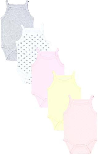 TupTam Body Baby Mädchen 5er Set – Sommer Body Baby mit Spaghettiträgern aus 100% Baumwolle, Farbe: Gelb Hellrosa Sterne Grau Punkte, Größe: 104