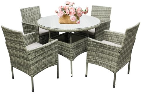 Holywarm 4-Piece Rattan Garden Furniture Set with Round Dining Table & Cushioned Chairs - Weather-Resistant Outdoor Patio Set for Garden, Balcony, Poolside (Mix Grey)