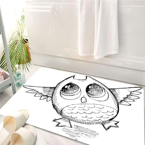 HKPOEQ Badematte Weiche Badteppich rutschfest Badzimmermatte Teppich Badezimmerteppich Duschmatte & Schlafzimmer,Gekritzel, traurige Eule, die Fast weint, mit großen Augen, Cartoon-Skizze, H,50x80 cm