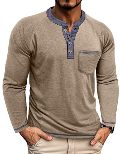 LAOARA Mens Long Sleeve T-Shirts Henley Casual Grandad Regular Fit Golf Tops with Pocket