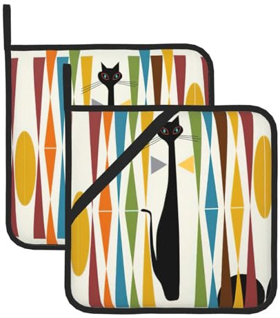 Mid-Century Modern Art Cat Pot Holders Set 2 Pans Holders 20.5cm Heat Resistant Grilling Microwave Barbeque Handling