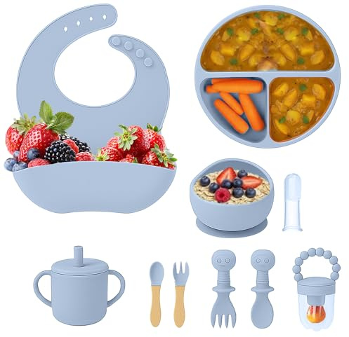 LEGTA 10PCS Baby Weaning Set, BPA-Free Silicone Suction Plate, Bowl, Bib, Straw Sippy Cup, 2 Spoons, 2 Forks, Fruit Feeder with Extra Nipple, Toddler Feeding Set (Blue)