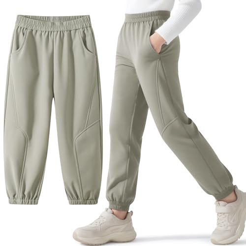 Hoseay Pantalon Randonnée Softshell Garcon Fille, Thermique Imperméable Coupe-Vent Pantalons de Montagne, Doublé Polaire Ceinture élastiquée Pantalon Automne Hiver pour Enfant Junior 6-14 Ans