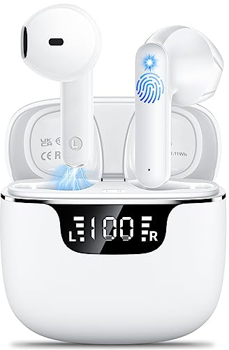 kauguo Auricolari Bluetooth senza fili, schermo LED, bianco