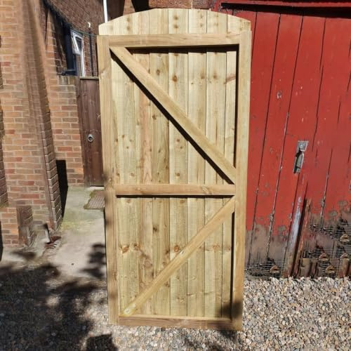 180cm x 90cm Wooden Garden Gate | Pressure Treated Feather Edge Timber Gate | Dome Top Heavy Duty 6cm Thick Semi-Braced Side Gate