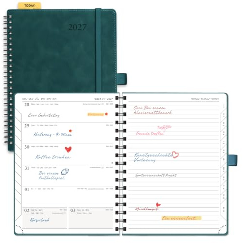 POPRUN Kalender 2027 Wochenplaner mit Notizen ca.A5(21,8x16,4cm) Spiralbuch | Softcover,(Jan.2027-Dez.2027),Planer 1 Woche 1 Seite(Montag - Sonntag),Terminplaner mit 100 GSM Papier(Petrolgrün)