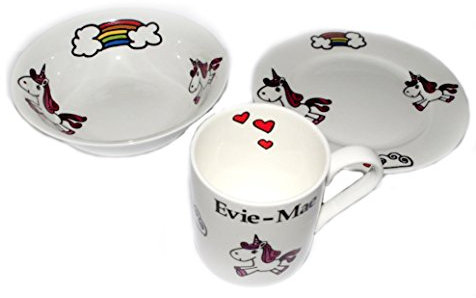 Personalised with Any Name Bone China Unicorn Breakfast Set- 8 INCH Plate, Mug, and Oatmeal Bowl- Hand Decorated- Personalised to Order