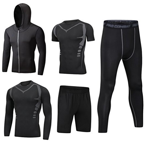 Dooxi Herren 5 Stücke Sport Anzug Schnell Trocken Joggen Kleidung Strumpfhosen Laufanzüge Kompression Shirt Gym Training Lauf Trainingsanzüge L