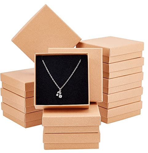 NBEADS Box 12 Stück Braune Karton Schmuck Box, 9x9x3cm Quadratische Geschenkbox Schmuckschatulle Papp Perlen Papier Box Schmuck Armband Halskette Display Verpackung für Geburtstag Weihnachten Geschenk