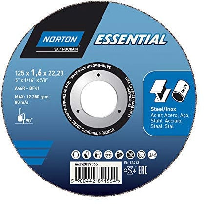 Mola troncatrice piana per Smerigliatrice angolare Norton Essential, METALLO/ACCIAIO INOSSIDABILE, 125x1.6x22.23
