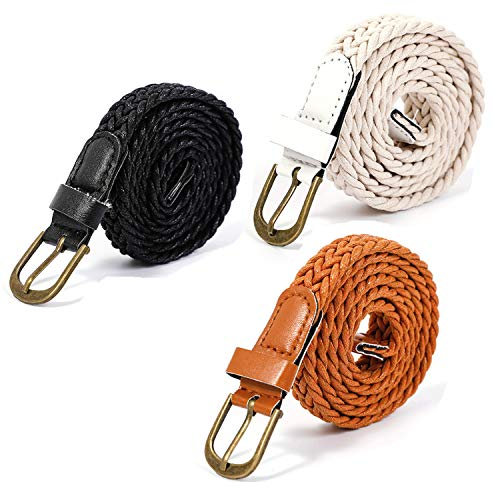 PPX 3 Stück Damen Vintage Schmaler Gürtel schnalle Flechtgürtel Geflochten Taillengürtel Hüftgürtel Kleidgürtel waist Belt Schwarz Weiß Braun